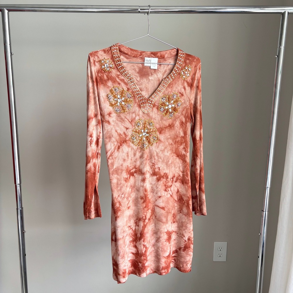 Vintage INC Beach Beaded Dress M Bohemian Dye Knit Y2K Tuscan Mom Funky Chic
